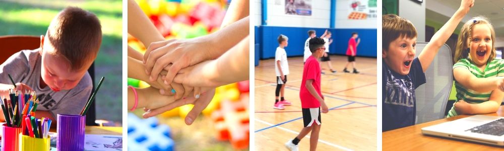 Collage of a child painting, children pow-wowing, child playing basketball, and children throwing hands up in celebration.