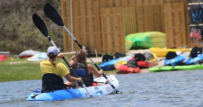 Kayakers paddling in a kayak