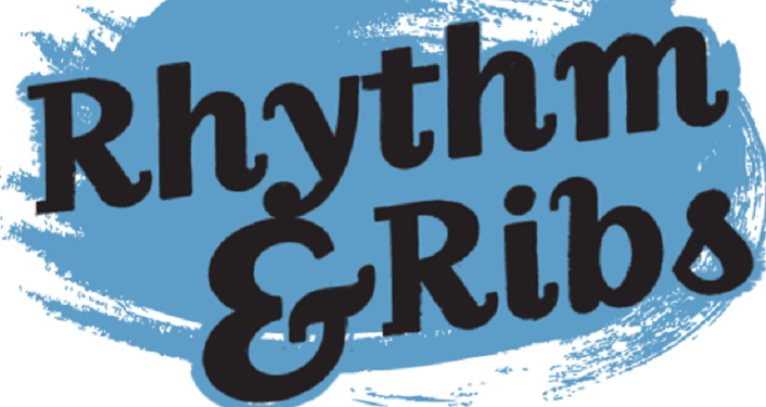 Text in black on dark turquiose background; Rhythm & Ribs