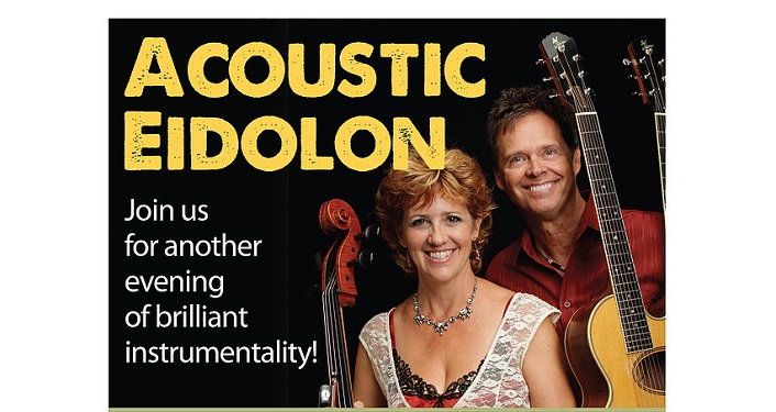 image of Acoustic Eidolon; woman with short reddish hair holding a cello and man with brown hair holding a double neck guitjo