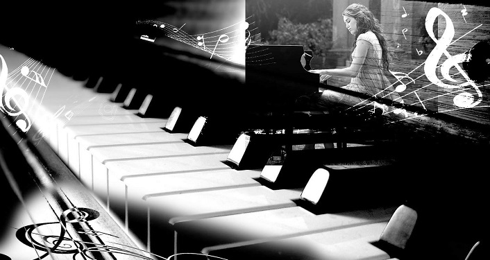 Piano keys with woman performing in the background