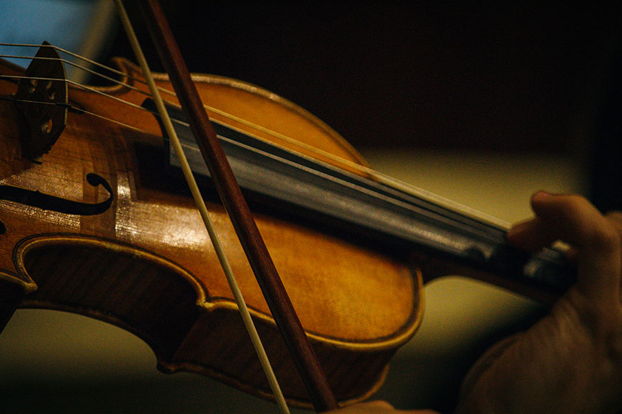 A closeup shot of a violin and a hand.