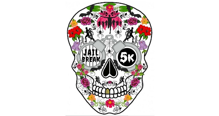 caricature image of skull with Jail Break in one eye socket, 5K in other eye socket