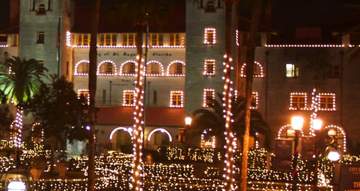image of Lightner Museum decorate with tiny white lights during Nights of Lights Display