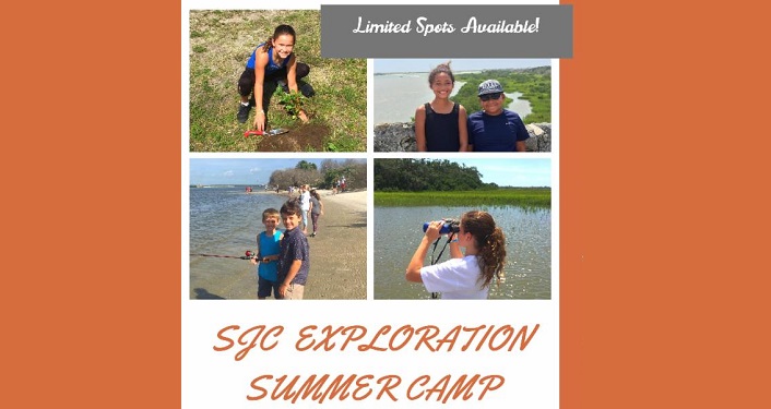 collage of 4 images taken during SJC Exploration Summer Camp; kids on the shoreline, kids in the water, girl holding binoculars.