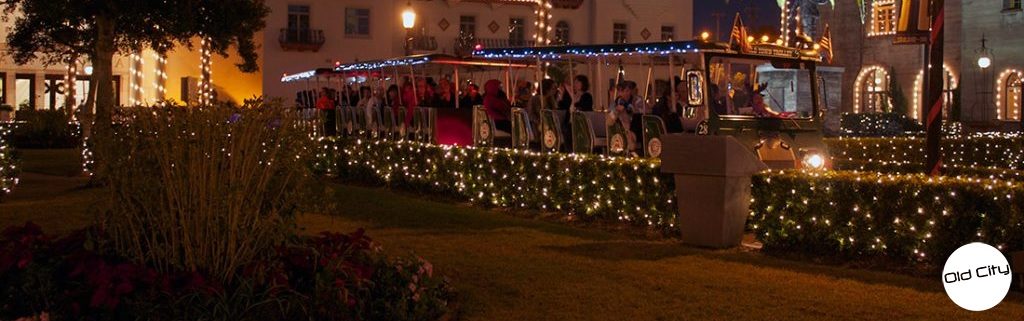 A shot of the Old Town Trolley under the Nights of Lights.