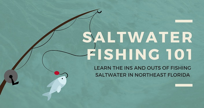 caricature image of fishing rod with silver fish on end of line. Text: Saltwater Fishing 101...Learn the ins and outs of saltwater fishing in Florida.