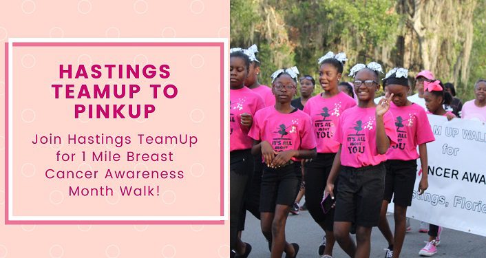 text in dark pink, Hastings Breast Cancer Awareness Walk; on right side is image of several young girls wearing hot pink t-shirts and black pants, white ribbons in their hair participating in the walk.