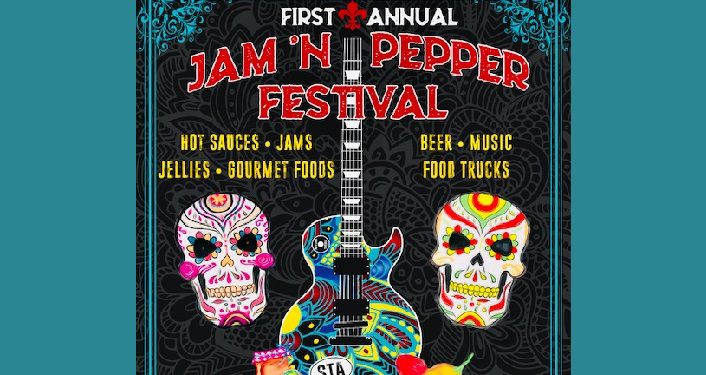 text first annual Jam 'n Pepper Festival above image of 2 colorful skulls flanking a guitar in pyschedilc colors