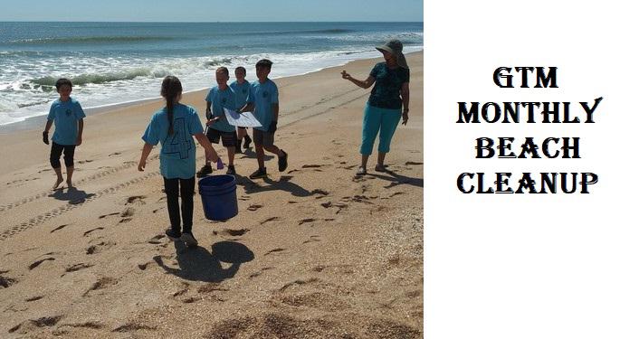 iamge on left of sunny day with kids on the beach carrying buckets, picking up debris; text on right GTM Monthly Beach Cleanup