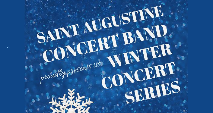 white font Saint Augustine Concert Band Winter Series on blue background with snowflakes