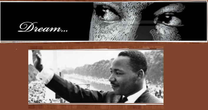 bottom - black & white image of left side of Martin Luther King standing with right arm outstretched
