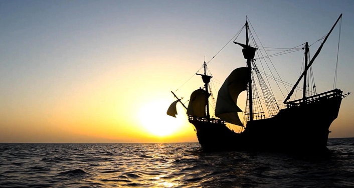 image of spanish sailing ship silhoutted in the sunset; PBS documentary “The Secrets of Spanish Florida”