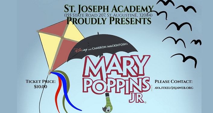 image of kite and umbrella with parrot head; text Mary Poppins Jr.